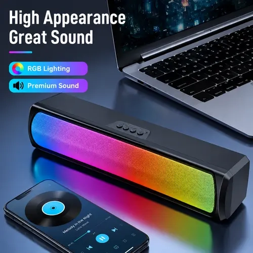 RGB Bluetooth 5.3 Wireless Soundbar Speaker, 3D Surround Stereo Deep Bass 0 Delay, Dynamic Color-Changing LED Lights, TF Card Playback, Type-C Charging, Slim Compact for PC Gaming, TV, Laptop Home Audio
