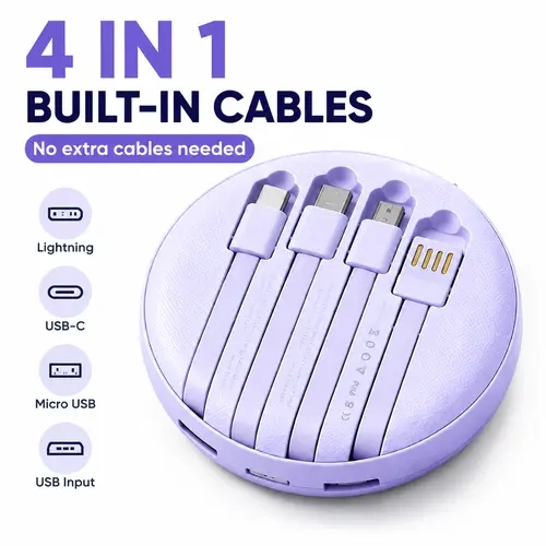 10000mAh Portable Power Bank with 4 Built-in Cables, LED Digital Battery Display, Compact Round Portable Charger with Lightning USB-C Micro USB Ports, Universal Phone Charger for iPhone Android Earbuds Smart Watches Travel Daily Use