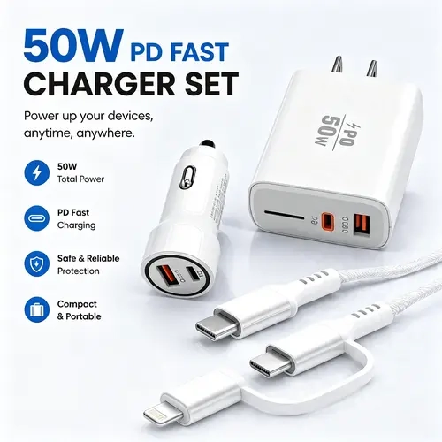 50W PD Fast Charger Kit, Wall Charger + Car Charger with 2-in-1 USB-C & Lightning Cable, Dual Port PD QC3.0 Fast Charging Set, Universal Charger for Home Car Travel Office, Compatible with iPhone Android Phone Tablet（1.2m）
