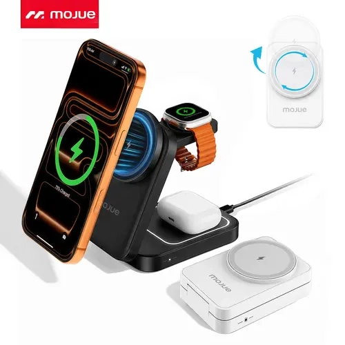 MOJUE 3-in-1 Foldable Magnetic Wireless Charger - Qi2 Certified 15W Fast MagSafe Charger Stand for iPhone 18-12 Pro Max, Smartwatch, Wireless Earbuds, Smartphone, Cellphone, Electronic Devices, Travel & Office Use