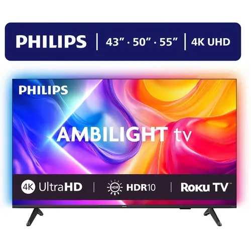 Philips Ambilight Flat Screen TV - 4K UHD Smart Roku TV with Dynamic LEDs, HDR10 Tech, Immersive Light, Ideal for Gamers