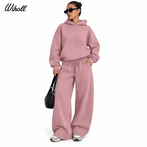 WIHOLL Women's 2 Piece Set - Casual Long Sleeves Top & Bottoms Lounge Sweatsuit with Wide Leg Pants, Kangaroo Pocket, Cozy for Fall Travel WFH