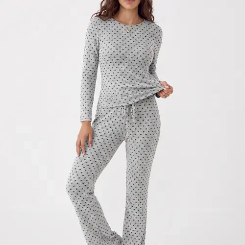 AUTOMET Women's 2-Piece Longsleeves Lounge Set - Soft Fabric Ribbed Knit Cardigan, Polka Dots, Drawstring Wide Leg Pants for Autumn Women's Clothing Set