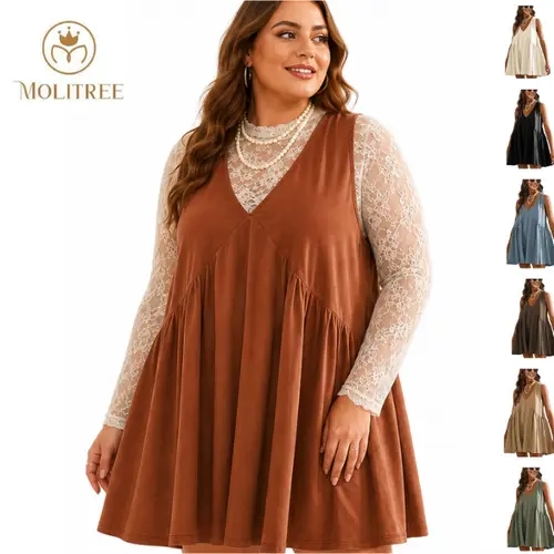 Molitree Women's Plus-Size V-Neck A-Line Mini Sundress - Loose, Sleeveless, Above-Knee, Swing, Casual with 2 Side Pockets - Minimalist Basic Outfits for Summer Women's Clothes Plus Size Fashion