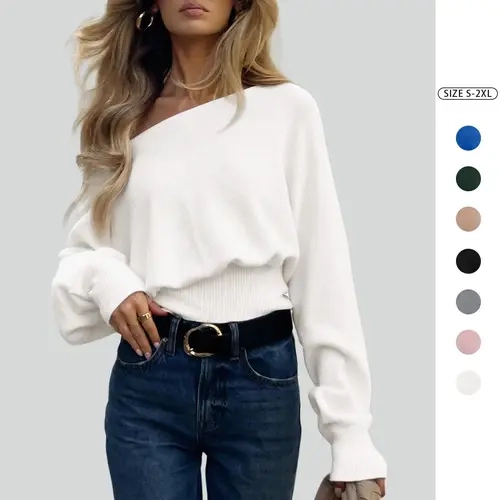 Imily Bela Women's Off Shoulder Sweater Long Sleeve Knit Top Casual Fall/Winter Slouchy Cinched Waist Soft Pullover Jumper