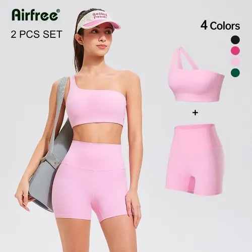 Women's 2-Piece Athleisure Sportswear Set - Slim-Fit Solid 1-Shoulder Sports Bra & 4-in High-Waist Shorts, Breathable Fitness Sportswear Set, 2 Piece Clothes, Workout Clothes Women for Gym, All-Season Wear #fallfreshness