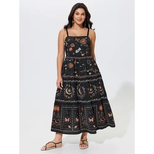 BloomChic Celestial Print Shirred Tiered Maxi Dress 【M-6XL】