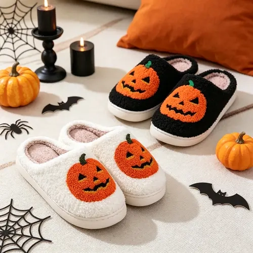 Halloween & Christmas Gift Cartoon Slippers for Women Men,Pumpkin Ghost Spooky Pattern Plush Fluffy Warm House Slippers,Memory Foam Indoor Winter Home Slip On Shoes