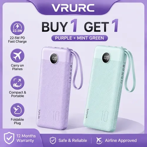 【BOGO】VRURC T1116 10000mAh 22.5W Charging Power Bank - 4-Built-in-Cables All-in-1 Portable Charger, LED Display, USB-C Rechargeable Travel Battery Pack for Android, iPad (Black & Pink),back to school,back to school haul