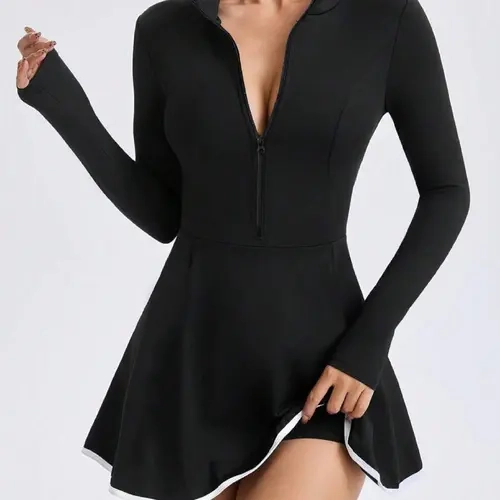 Women's Long Sleeve Colorblock Tennis Dress, Workout Tennis Dress, Sporty Zipper Anti-Exposure Dress, Outdoor Fitness Skirt, Ladies' Active Wear, Tennis Sports Dress