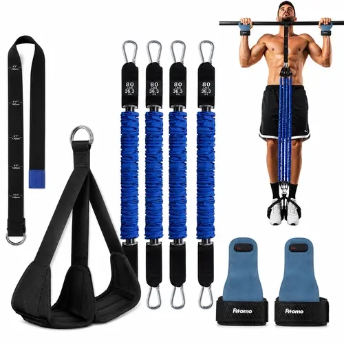 Pull Up Training Bundle with 320/400LB Assist Bands & Double-Layer Leather Lifting Grips, Adjustable Height Strap and Wide Footplate for Home Gym Strength Training