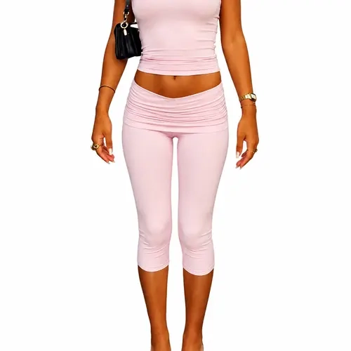 JGS1996 Women's Casual 2-Piece Set – Solid Crew Neck Short Sleeve Tee & High Waist Fold Over Cropped Pants Sportswear Casual Set Athletic Loungewear Two-Piece Summer