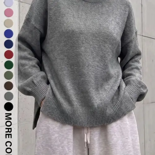 Women's Solid Color Casual Round Neck Loose Fit Knit Pullover Sweater, Drop Shoulder Knit, Long Sleeve Split Design, Fall & Winter Fashion