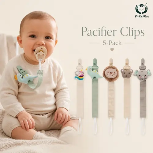 Milamini 5 Pack Fabric Pacifier Clips for Baby Boys Girls, Convenient Silicone Pacifier Chain Clips, Flexible Fixed Position, Travel Essential, Kids Gift for Boys and Girls, Newborn