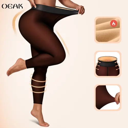 Women's Fleece Lined 7/8 Length Thermal Leggings, High Waist Tummy Control Shaping Tights with Mesh Waistband, Butt Lifting Sheer Effect Winter Pantyhose