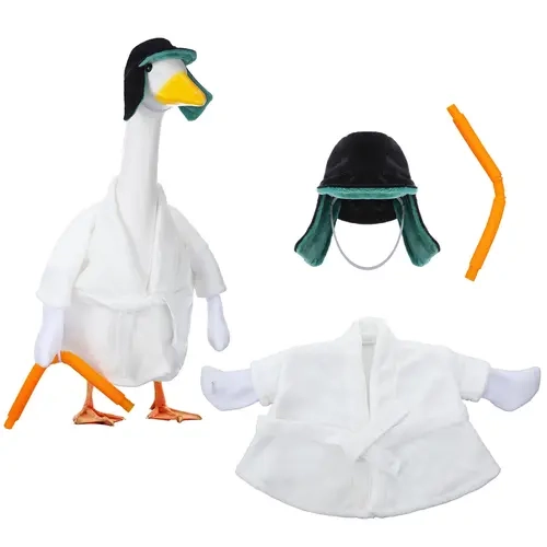 Christmas Porch Goose Outfit Cousin Robe Porch Goose Clothes Fit 23'' Cement Statue(not included goose) Funny Porch Goose Bathrobe with Ear Flap Trapper Hat + Handheld Drain Pipe for Christmas Outdoor Lawn Yard Patio Holiday Garden Decor