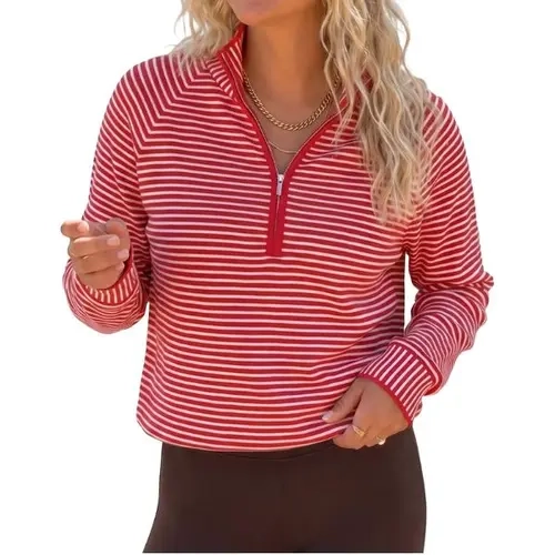 Fisoew Women's Lightweight Ribbed Long Sleeve Top - Preppy Minimalist Horizontal Striped Half-Zip Stand Collar Soft Loose  casual knit sweatshirt, Silver, Elegant Fit, for Golf Fall, Adjustable, Fashion Zip-Front Cropped Women's Pullovers Tops