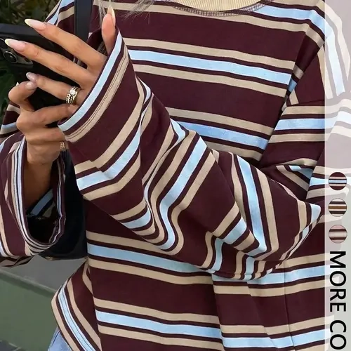Women's Multi Tone Wide Stripe Long Sleeve Top Crew Neck Drop Shoulder Oversized Relaxed Cropped Silhouette Vintage Casual Streetwear Staple Perfect for Daily Errands Brunch Hangouts Fashion Streetwear Apparel