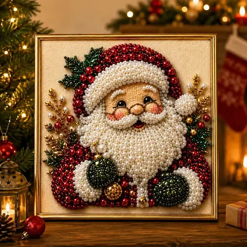 3D Santa Pearl-Diamond Art Hobbies Kit for Adults, Unisex Entry-Level DIY Craft Supplies, Classic Holiday Crafts, Unframed with Printed Frame Effect, Christmas Gifts for Tabletop/Wall Display