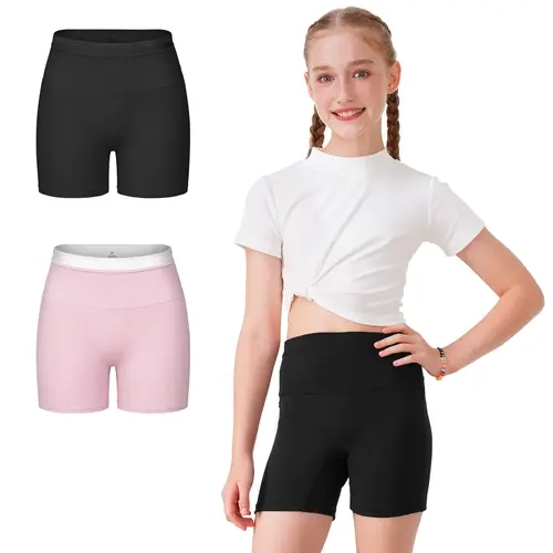 Sascina Girls' High Waisted Shorts (7-14Y) - 5" Inseam, 4-Way Stretch Polyester Blend, Double Layer Foldover Waistband, Pull-On, Breathable, Relaxed Fit for Dance, Gymnastics [6101], Tag-Free Kids' Bottoms