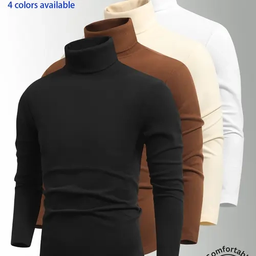 2-pack men’s high-neck long-sleeve tops: men’s terry high-neck base layer shirt, stretchy fabric that isn’t tight, solid-color long-sleeve layering top—basic style. High-neck design provides wind protection and temperature retention. Suitable for commutin