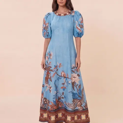 LikeMyChoice Women's Unique Graffiti-Print Bell-Sleeve Casual and Fashionable Round-Neck Linen Dress; Short-Sleeve Bubble-Sleeve Round-Neck Contrast-Color Hem A-Line Flowy Vacation Beach Maxi Dress