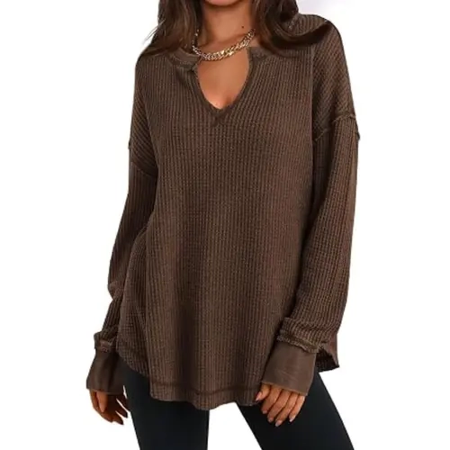 PRETTYGARDEN Womens Fall Fashion Waffle Knit Long Sleeve Tunic Tops for Women Loose Fit Dressy Casual V Neck Shirts