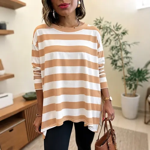 CHICME Women's Striped T Shirt Long Sleeve Drop Shoulder Crewneck Tee Side Slit Casual Loose Fit Top Oversized Fall