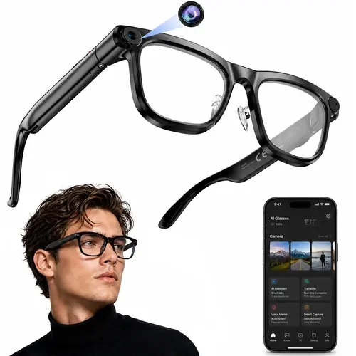 AI Smart Glasses - Portable Wireless Camera Glasses with 8MP Camera, 1080P HD Video Recording, Bluetooth Audio, Real-Time AI Translation, Voice Assistant, 16GB Storage, WiFi App Control, IP65 Waterproof for Travel, Cycling, Camera Smart Glasses, Portable