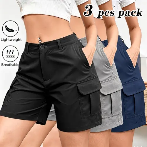 Women's 3-Pack Solid Plain Cargo Shorts - Lightweight Summer Womenswear, Standard Sizes, Side Pockets, Front Button Closure, Back Elastic Waistband, Street Look - Ideal for Casual Wear, Outdoor Activities