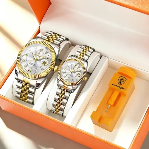 Poedagar Luxury Couple Quartz Watch Set, Diamond Dial Waterproof Stainless Steel Wristwatch, Fashionable Minimalist Gift for Couples, Fashionable Wristwatches