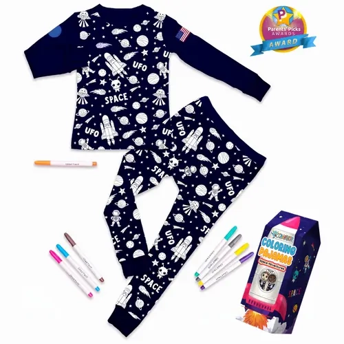Craftikit Kids' Space Theme Bamboo Viscose Color-Your-Own Pajama Set for Ages 3-10 - Tight-Fit Shirt, Ankle-Length Pants, Graphic Print, Safe Materials, 7 Fabric Markers
