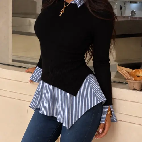 Long Sleeve Fake Two-Piece Top, Asymmetrical Hem Layered Shirt, Colorblock Striped Sleeves, Casual Office Wear, Elegant Daily