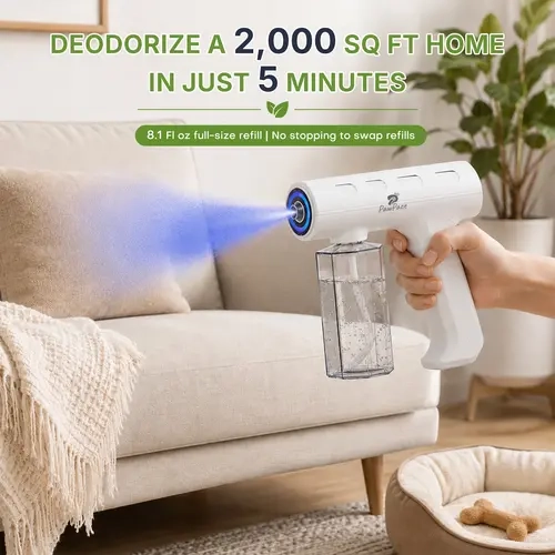 PawPace Electric Pet Deodorizer Spray Gun - Deodorizer Odor Eliminator, Litter Box Odor Eliminator, Pet-Friendly Ingredients, 4 Spray Settings, Switchable Blue Light, Indoor/Car Use, 8.1oz/240ml Single or 16.2oz/480ml Double Refill