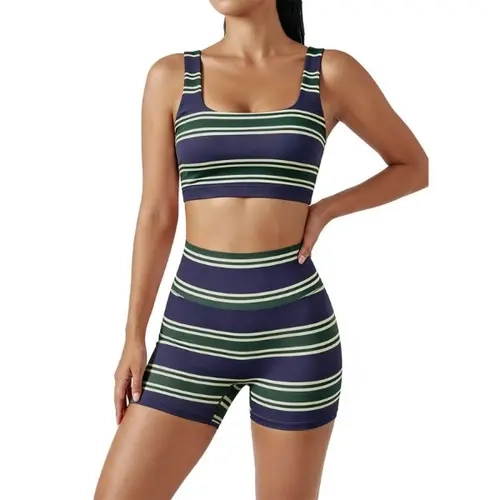 FISOEW Women's 2-Piece Rainbow Stripe Workout Set - Sleeveless Crop Tank Top, High Waist Biker Shorts, Gym Outfit, Lounge Wear, 2 Piece Sets