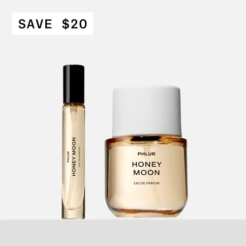 PHLUR Honey Moon Eau de Parfum Duet - Full + Travel Size Perfume Set with Mandarin, Orange Blossom, Honey, Saffron (50mL + 9.5mL)