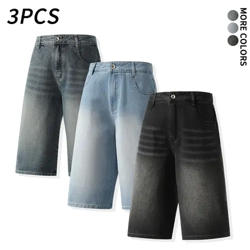 3 PCS Multi Color Vintage Washed Wide Leg Knee Length Denim Shorts, Cotton Fabric, Loose Draping Knee Length Denim Shorts, High Waisted Relaxed Fit, Streetwear Style, Suitable for Summer Daily Wear, Strolling, Skateboarding, Beach Trips and Outings, Fash,