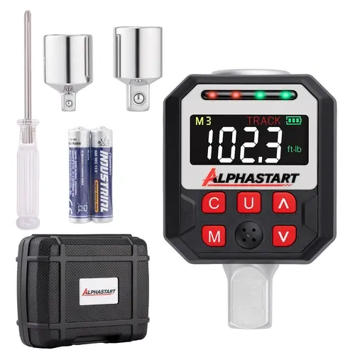 ALPHASTART 1/2" Drive Digital Torque Adapter - 7.38-147.5 ft-lbs (10-200 Nm) Range, Torque Accuracy, Buzzer Alert Electronic Tool, 1/4" & 3/8" Connectors, Batteries & Case Included