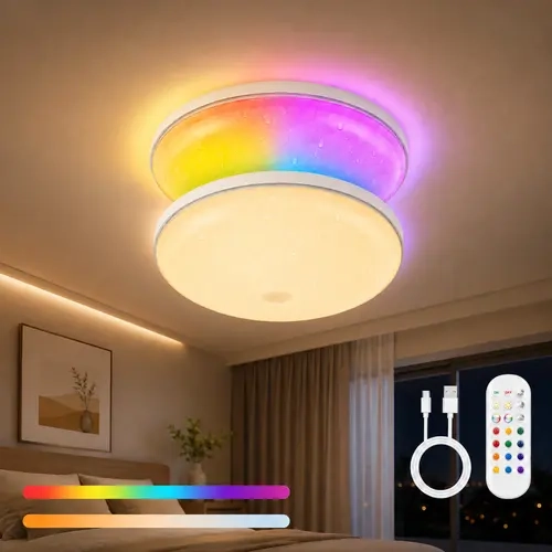 GIVRYES 2-Pack 7in Magnetic RGB LED Ceiling Lights - Rechargeable Wireless Battery-Operated IP66 Waterproof Plastic Body, Remote-Controlled Adjustable RGB Color Changing Floating Magnetic Lights for Indoor Wet Areas Home Improvement, Adjustable Rgb Lighti