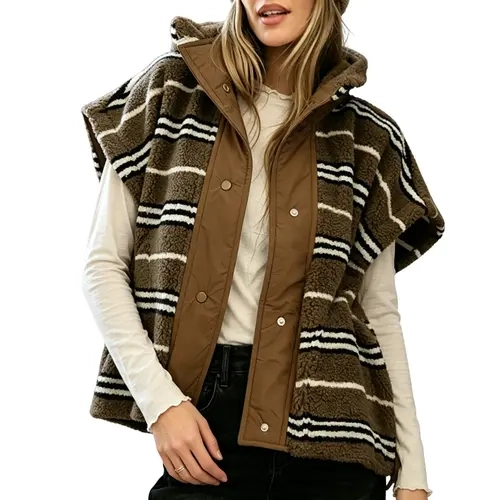 Fisoew Women's Multi-Size Chocolate Striped Sherpa Fleece Vest - Oversized Stand Collar Outerwear with Snap Buttons, Elegant Women's Clothing Top for Layered Wear