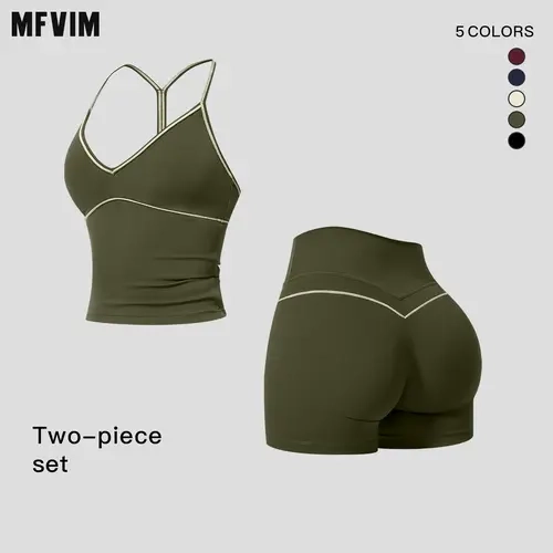 MFVIM Women's 2-Piece V-Neck Yoga Set - Color-Blocked Trim, Y-Back Long Camisole Top, High-Waisted Cycling Shorts for Peach-Lifted Glutes, Second-Skin Feel Workout Apparel for Gym, Back to School Use, 2 Piece Sets, Workout Sets Women