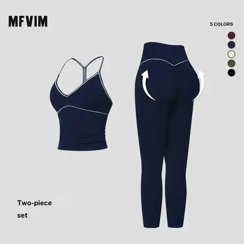 MFVIM Women's 2-Piece Fitted Athletic Clothing Set - Female Matching Workout Sets, V-Neck Long-Strap Tank Tops, High-Waisted Shaping Full-Length Yoga Pants for Gym, Second-Skin Feel, All Seasons