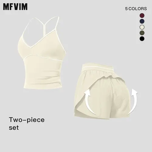 MFVIM Women's 2-Piece Athleisure Workout Set - V-Neck Contrast Trim Y-Back Long Camisole Top, Side Pockets Quick-Dry Loose Athletic Shorts, Gym Workout Apparel for Yoga & Fitness, 2 Piece Sets