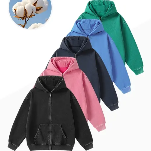 Unisex vintage washed zip-up hoodie, oversized full-zip streetwear hooded sweatshirt, casual loose-fit jacket with front kangaroo pocket