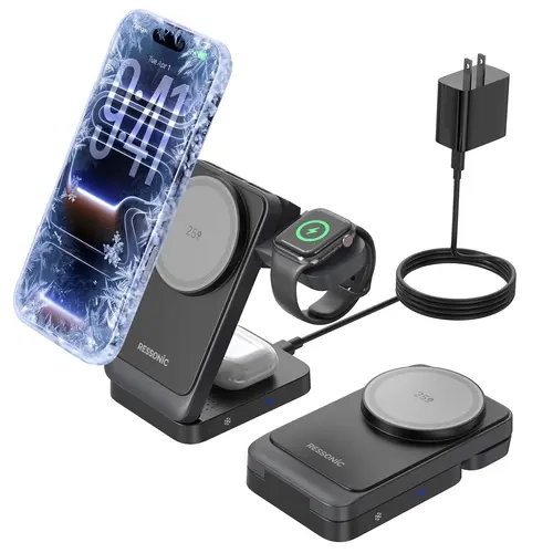 RESSONIC 25W 3-in-1 Magnetic Wireless Charger Station - Active Cooling Fan, Fast Charging Stand/Dock for Smartphone, Cellphone, iPhone, Samsung Galaxy, Watch, Earbuds - Electronic Mobile Charger for Desk, Nightstand Use