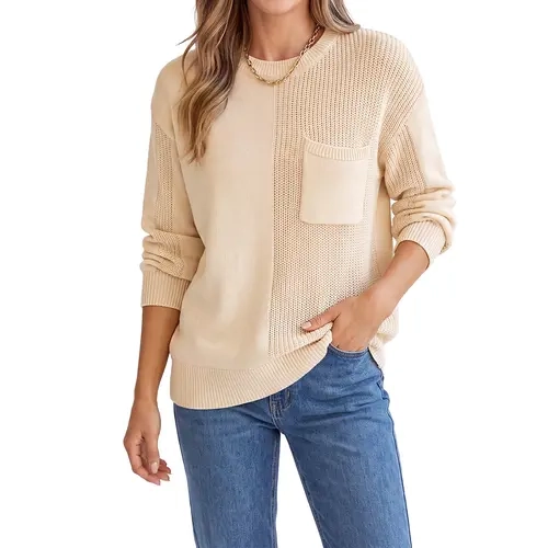 Shewin Women's Basic Simple Style Knitting Top - Long-Sleeve Classic Crew Round Neck, Drop Shoulders, Patch Pocket, Ribbed Trim, Chic Women's Knitwear, Cotton Blend Pullover, Back to School Outfit