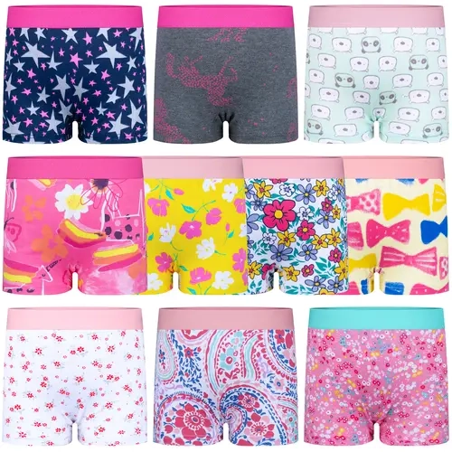 BIG ELEPHANT Girls' 100% Pure Cotton 10-Pack Boxer Briefs - Comfy Underwear Undergarments with Wide Waistband, Medium Stretch, Breathable Soft Clothes for Girls 3T-9Y Toddlers Youth, All Seasons Everyday Wear