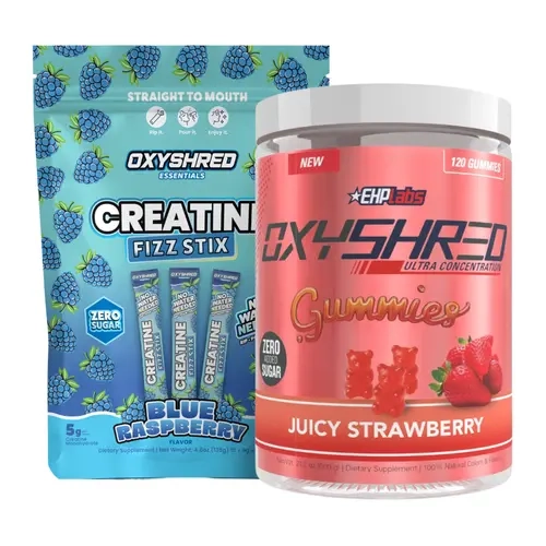 EHPlabs OxyShred Gummies & Creatine Supplement Pack - Juicy Strawb. Energy Gummies (boosts energy, 0 added sugar), 5g Creatine Monohydrate Fizz Stix, Vegan Friendly, Multiple Flavours