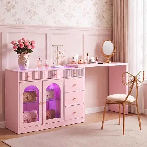 RoyalCraft L-Shaped Corner Makeup Vanity Desk - Indoor Apartment Furniture, Bedroom Items, Home Goods with 59” or 75” Size Options, Tempered Glass Top, Rotatable & Extendable Design, Drawers, Doors, LED Lights, Multiple Colors Available