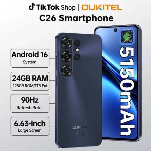 OUKITEL C26 Android 16 Android Cell Phone, Budget Phone with Unisoc T615 Octa-Core, 24(6+18)GB RAM + 128GB ROM, 6.63 in HD+90Hz Display, 5150mAh Battery, 64MP+5MP Camera, Dual SIM, GPS, OTG, T-Mobile Compatibility, USB Type-C, Back to School